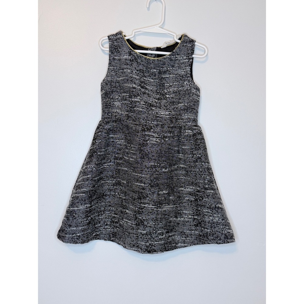 H&M Girls Black White Tweed Metallic Dress Bow‎ Back Gold Trim Size 4-5Y